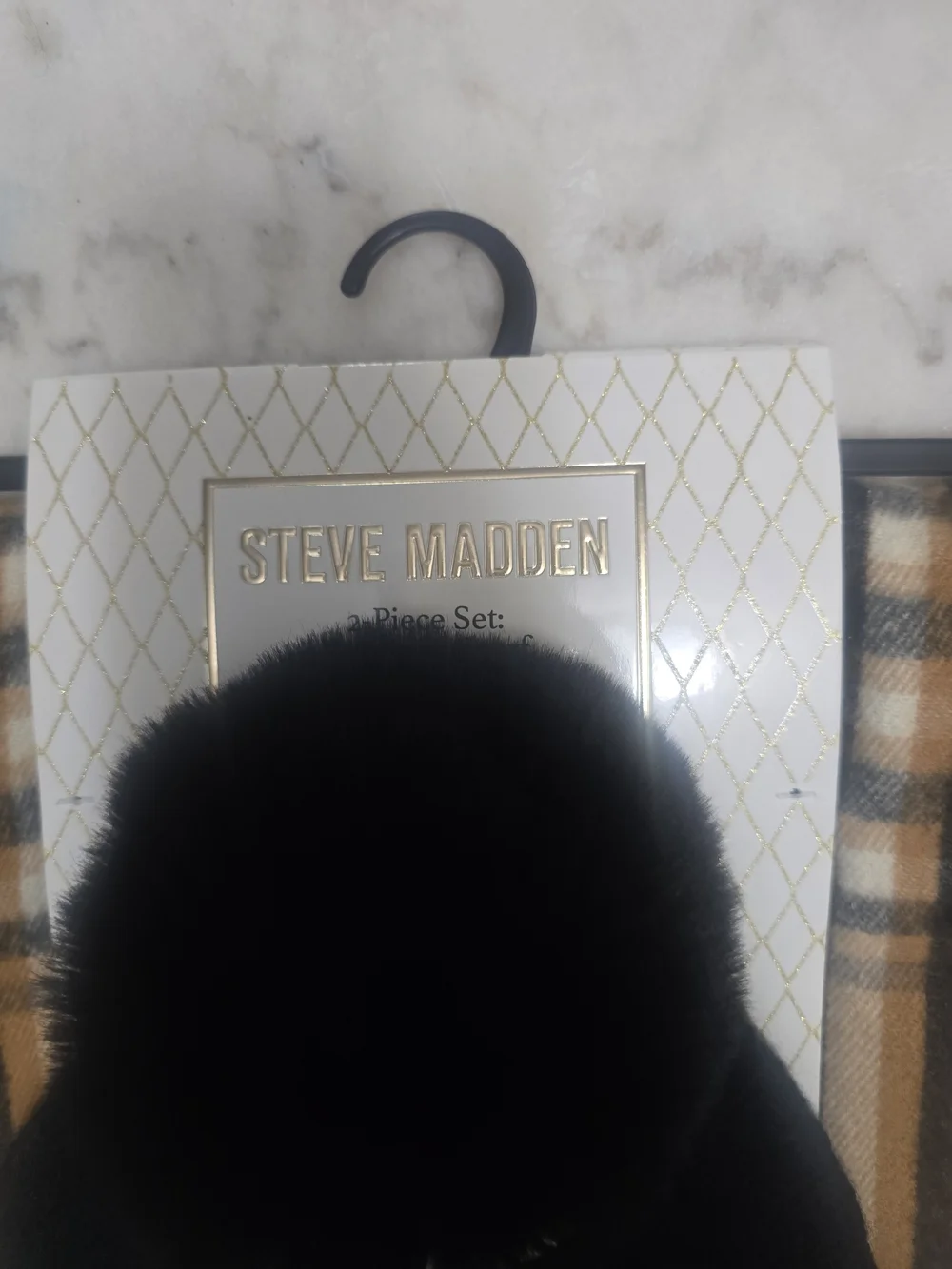 Steve Madden Black Pom Pom Beanie with Plaid Scarf